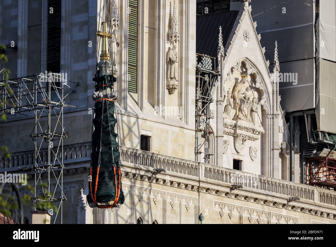 Zagreb, Croatia - April 17, 2020 : Workers preparing to bring down the top of the Zagreb Cathedral witch was damaged by the earthquake witch hit Zagre Stock Photo