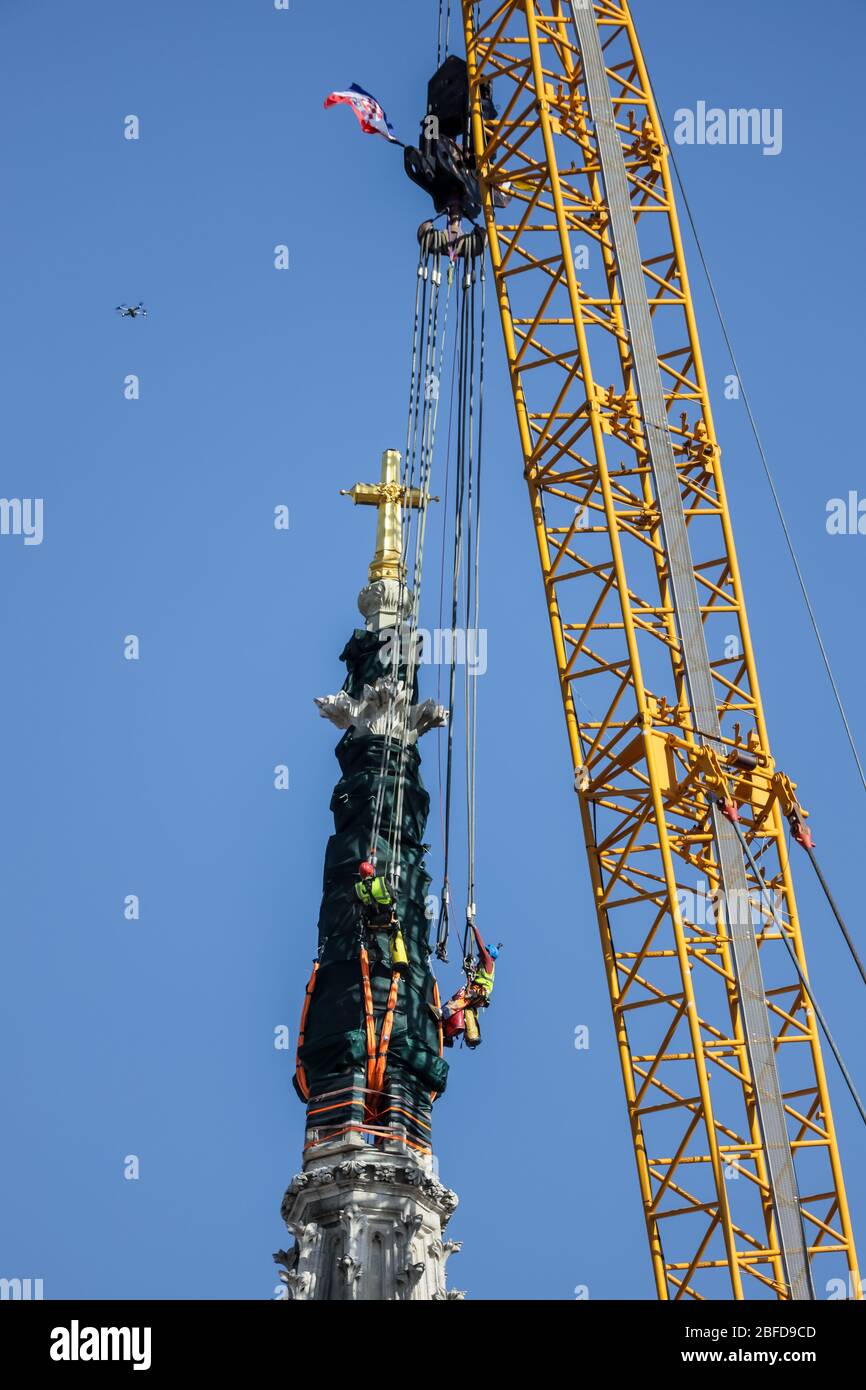 Zagreb, Croatia - April 17, 2020 : Workers preparing to bring down the top of the Zagreb Cathedral witch was damaged by the earthquake witch hit Zagre Stock Photo