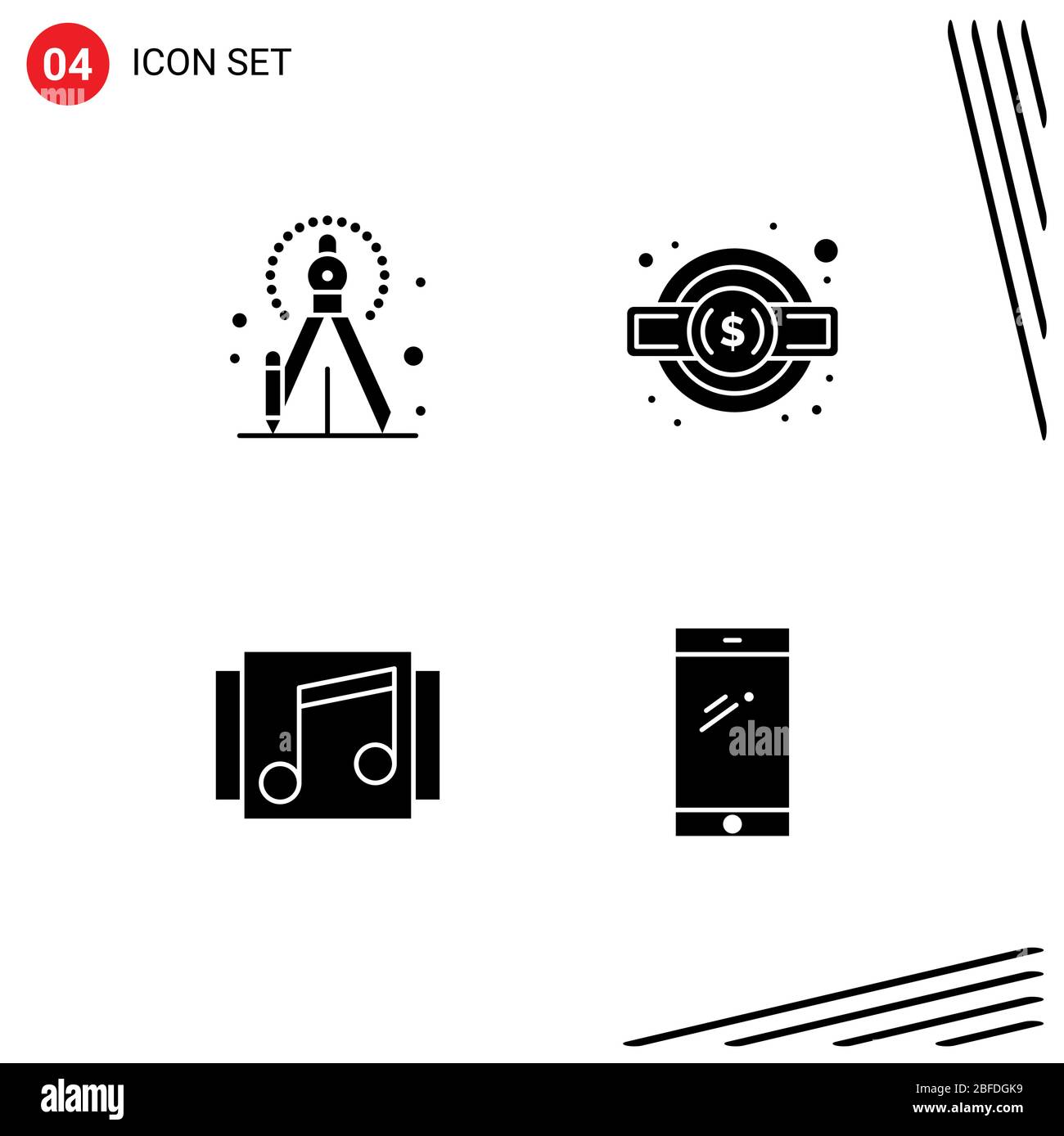 Modern Set of 4 Solid Glyphs and symbols such as precision, music, gear, service legal, songs Editable Vector Design Elements Stock Vector