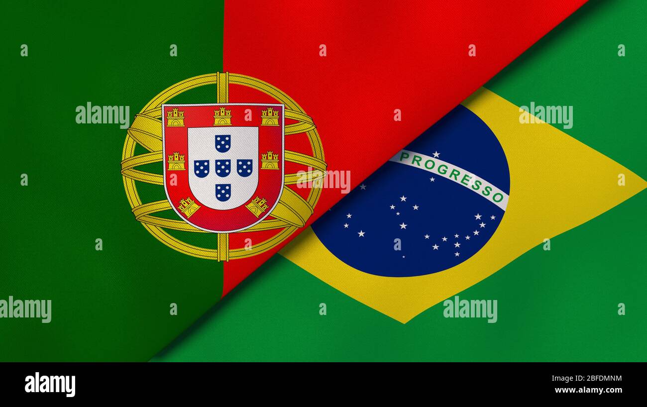 Two states flags of Portugal and Brazil. High quality business background. 3d illustration Stock Photo