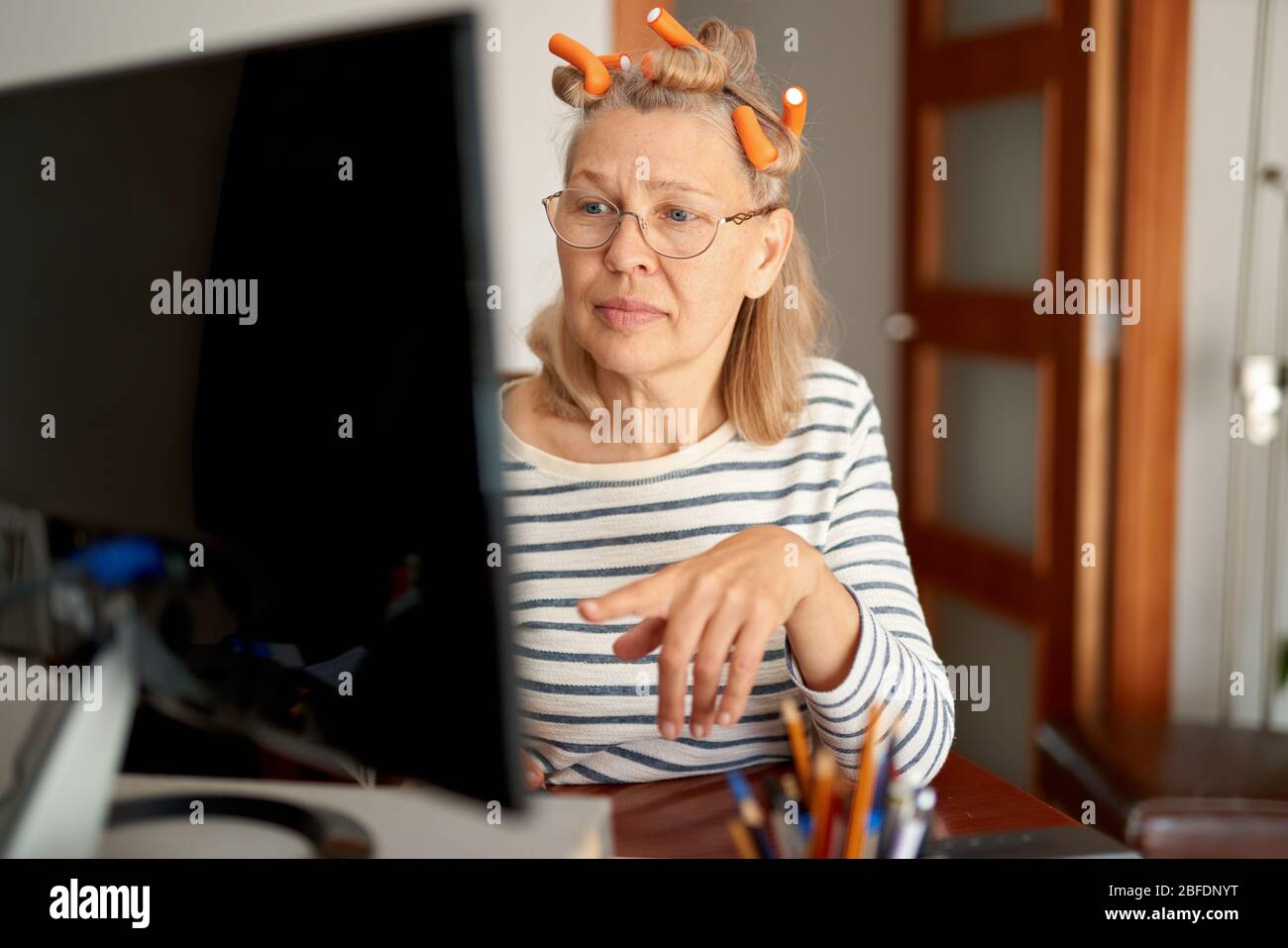 Lady searching information on internet or communicating online Stock ...