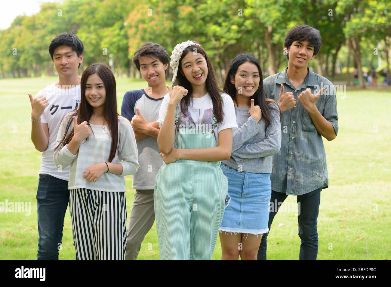 Happy young group of friends giving thumbs up together at the park ...