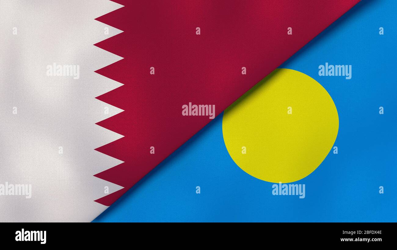 Two states flags of Qatar and Palau. High quality business background. 3d illustration Stock Photo