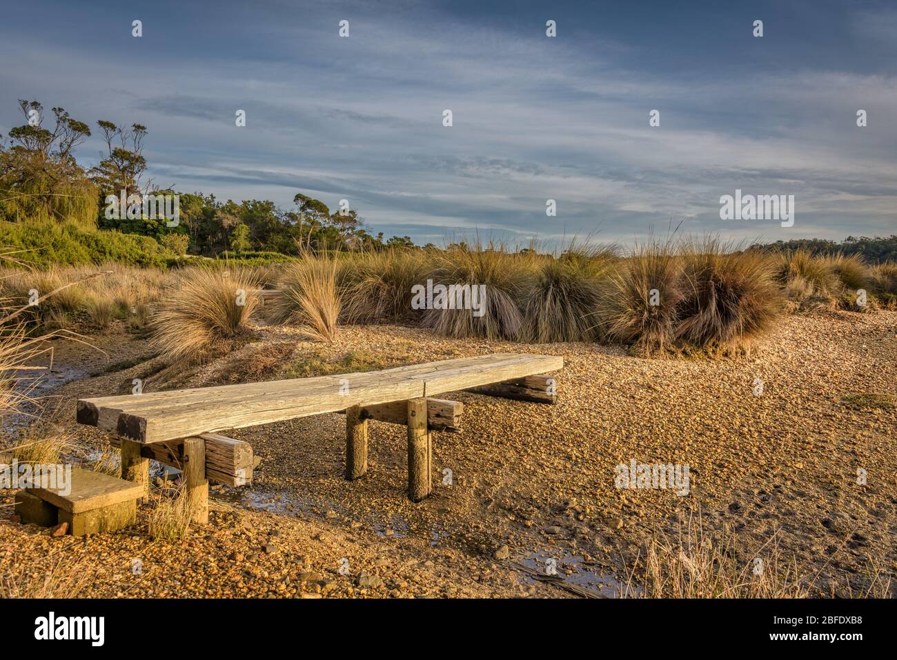 Wooden walkway crossing a saltwater channel in coastal marshland on the Tamar River at Beauty Point in Tasmania, Australia. Stock Photo
