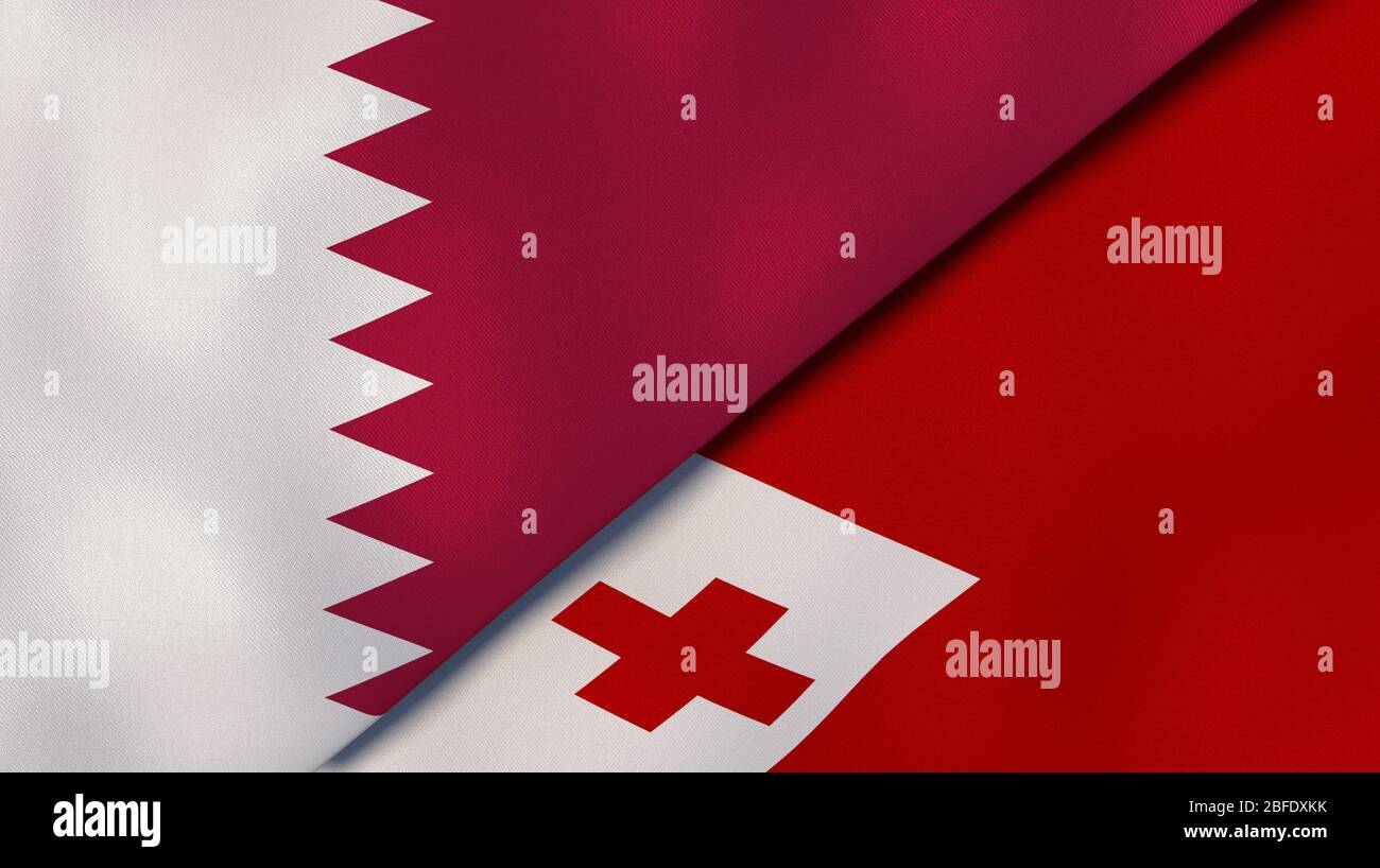 Two states flags of Qatar and Tonga. High quality business background. 3d illustration Stock Photo