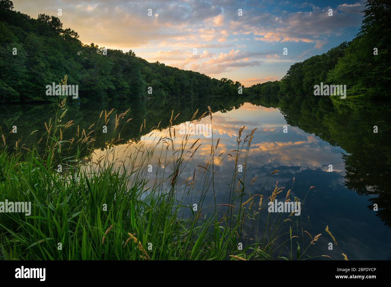 Sunset on a quiet lake in Southern New England (Bristol, Connecticut) Stock Photo
