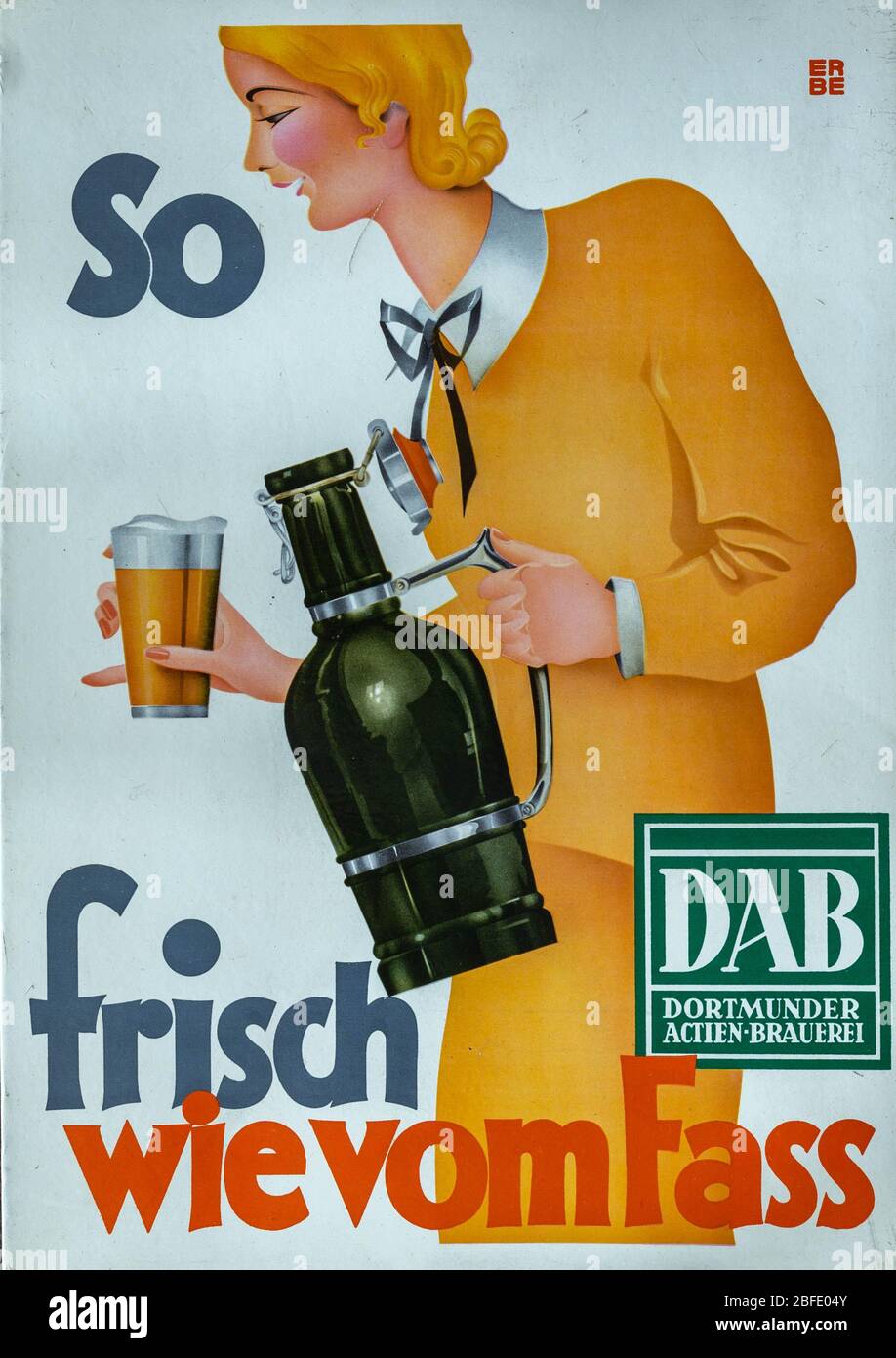 Advertising, woman, Dortmunder Actien Brauerie, vintage advert poster. So Frisch wie vom Fass. 1950s Stock Photo