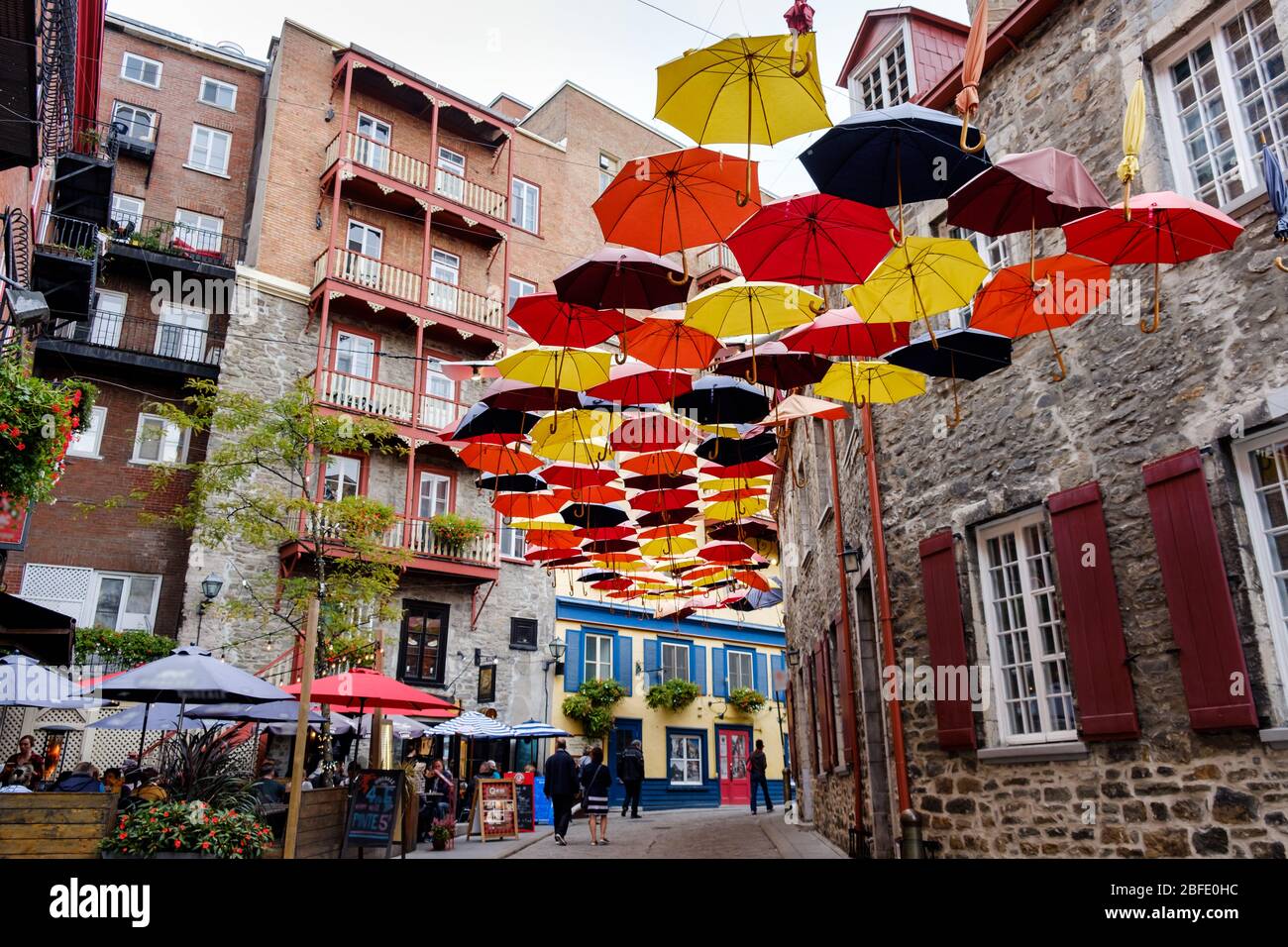 Hanging Umbrellas in a colorful alley, Quebec, Canada Stock Photo Alamy