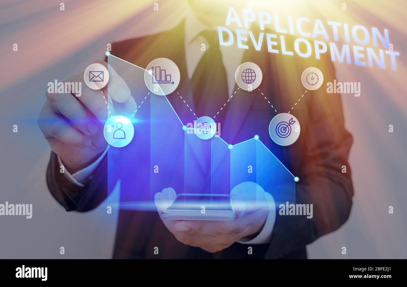 Writing note showing Application Development. Business concept for creation of Computer Apps for use on Mobile Devices Stock Photo
