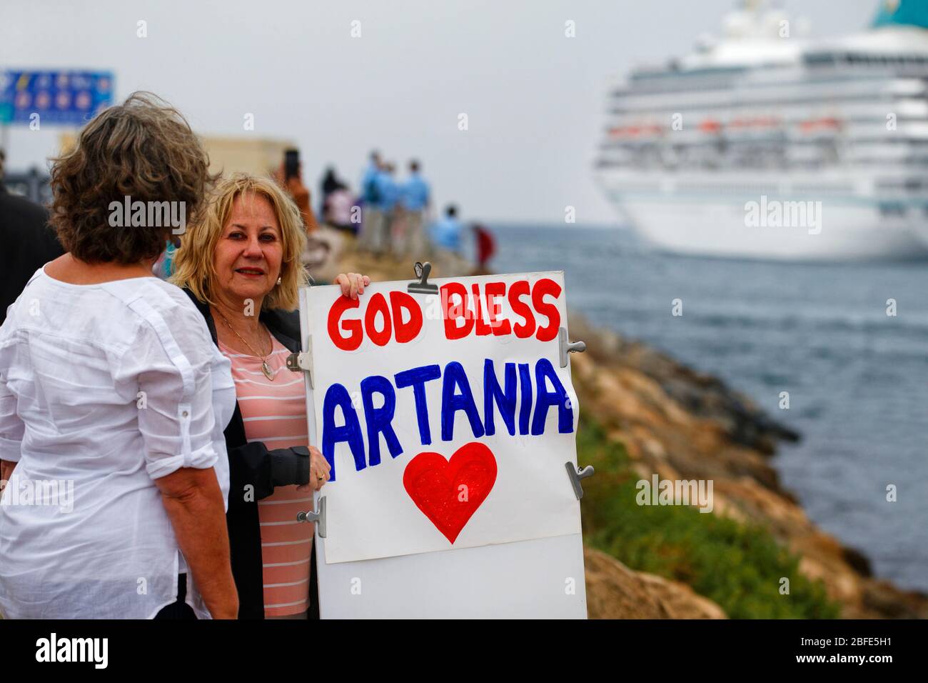God Bless Controversial Corona Virus German Cruise liner Artania, leaving  Fremantle, Perth, Western Australia Stock Photo