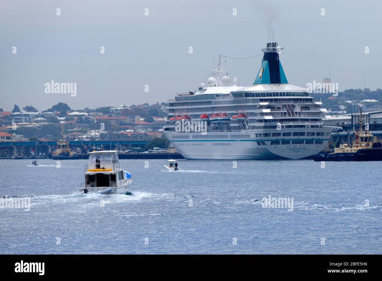 Controversial Corona Virus German Cruise liner Artania, moored in Fremantle harbour, Perth, Western Australia Stock Photo