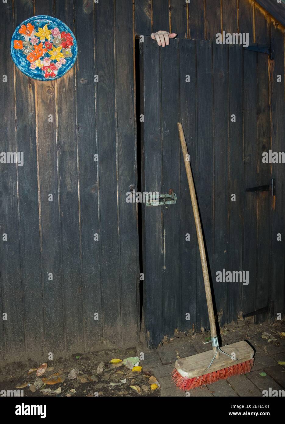 Caucasian hands stick out from behind an old and weathered wooden door kept closed with a broom trying to escape lockdown Stock Photo