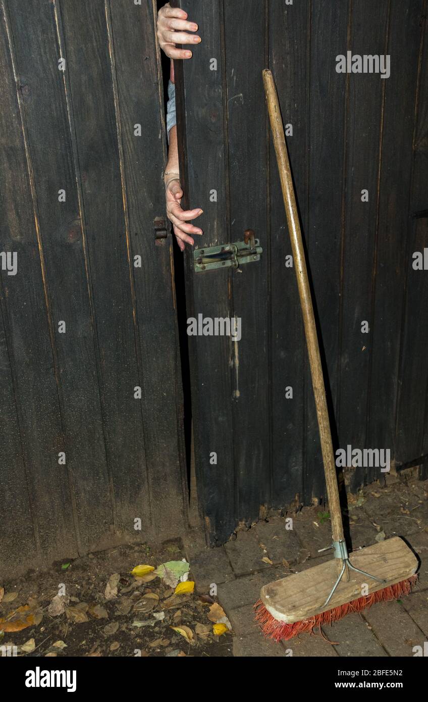Caucasian hands stick out from behind an old and weathered wooden door kept closed with a broom trying to escape lockdown Stock Photo