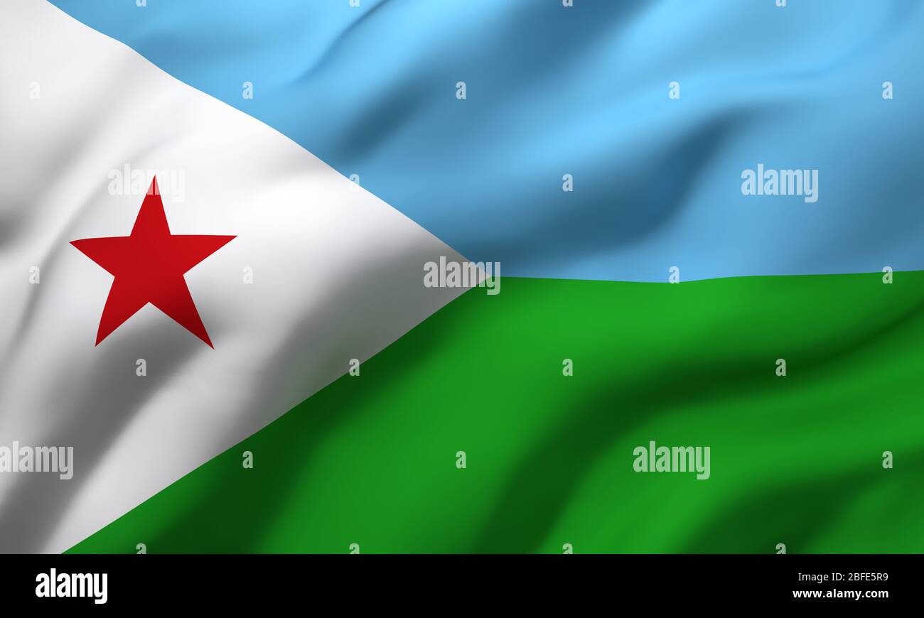 Flag of Djibouti blowing in the wind. Full page Djiboutian flying flag. 3D illustration. Stock Photo