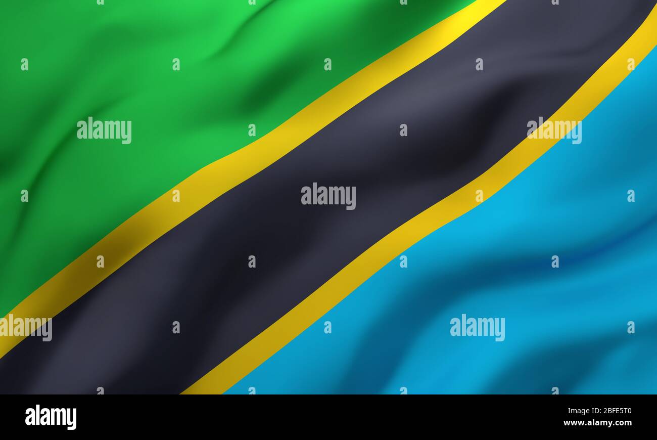 Flag of Tanzania blowing in the wind. Full page Tanzanian flying flag. 3D illustration. Stock Photo