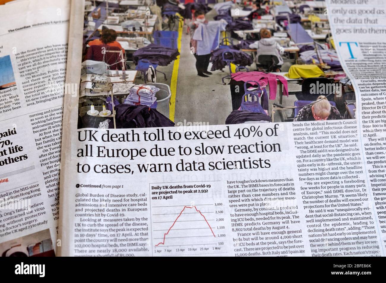 'UK death toll to exceed 40% of all Europe due to slow reaction to cases warn data scientists' newspaper headline in April 2020 London England UK Stock Photo