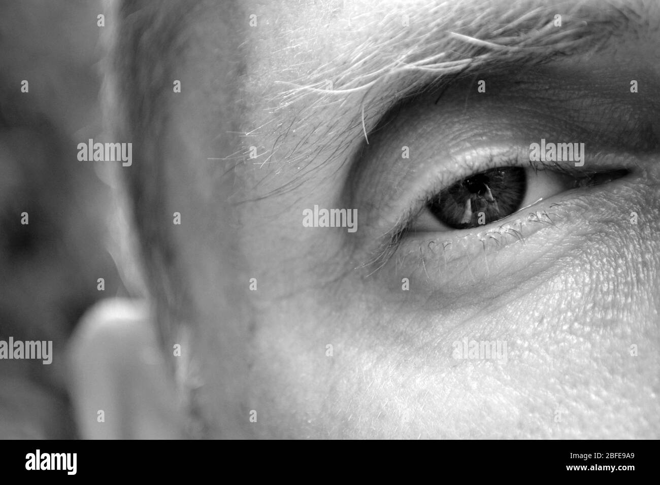 Close up of man's eye and face - black and white photograph Stock Photo