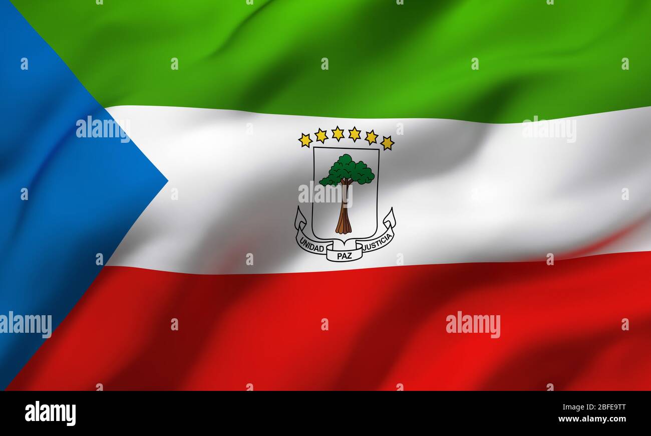 Flag of Equatorial Guinea blowing in the wind. Full page Equatorial Guinean flying flag. 3D illustration. Stock Photo
