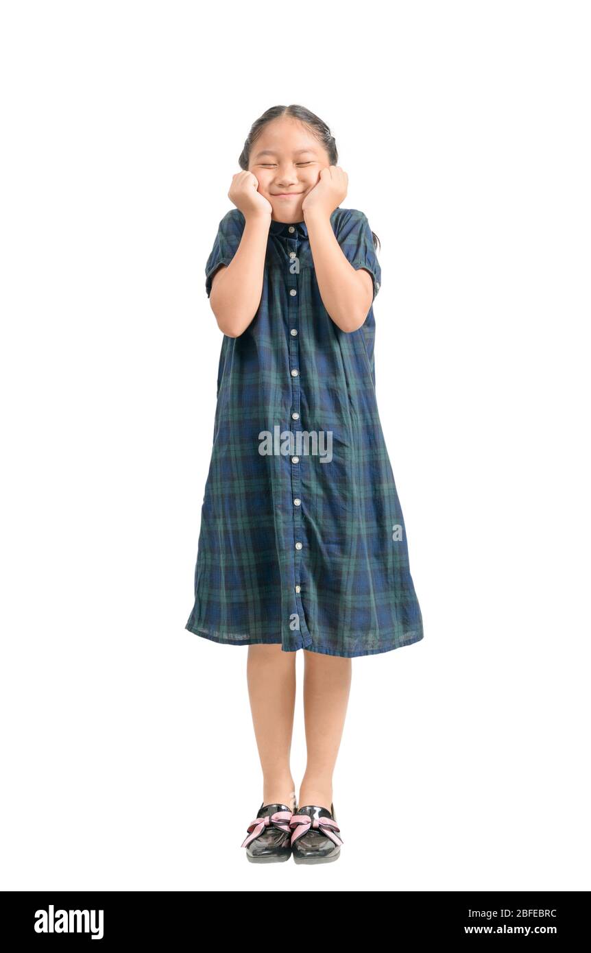 Portrait of cute asian little girl wearing blue dress and glad ...