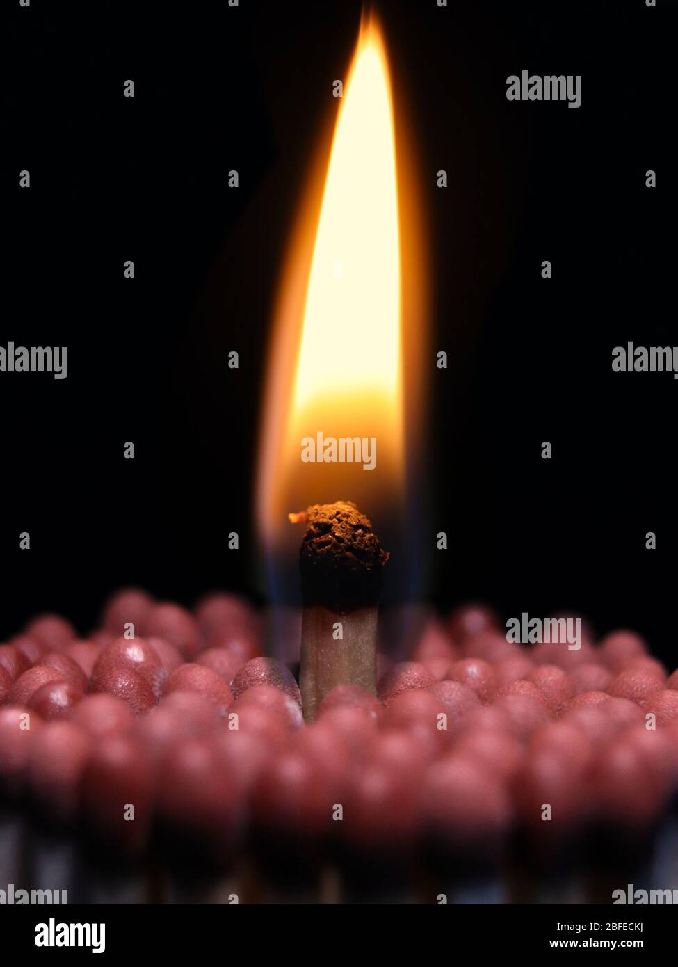 Raised burning match Stock Photo