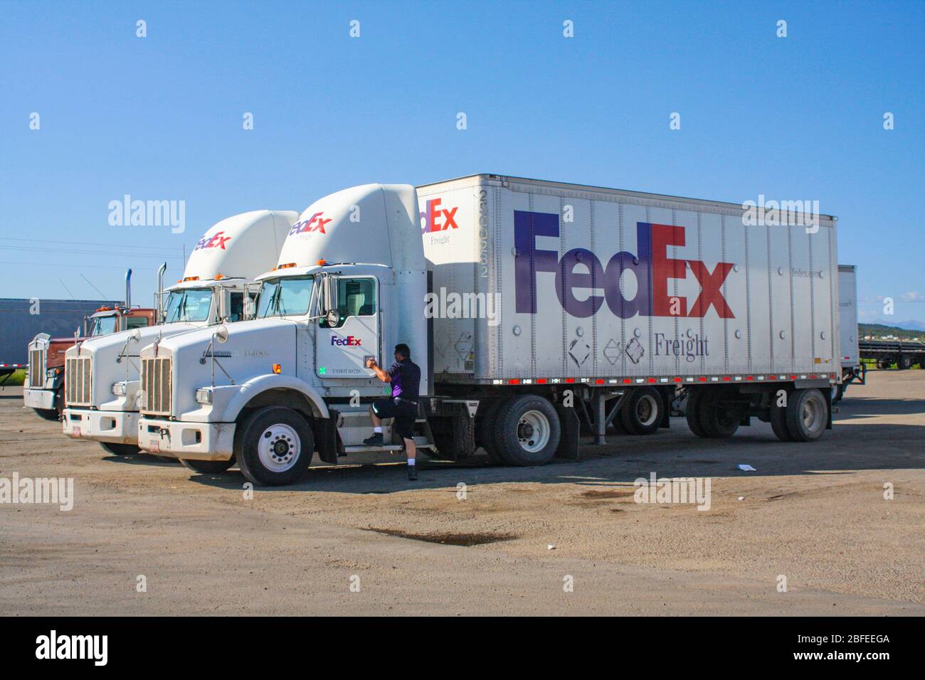 Fedex freight delivery truck with Fedex employee driver climbing into cabin. Trucks lined up parked at rest stop in America with blue sky Stock Photo