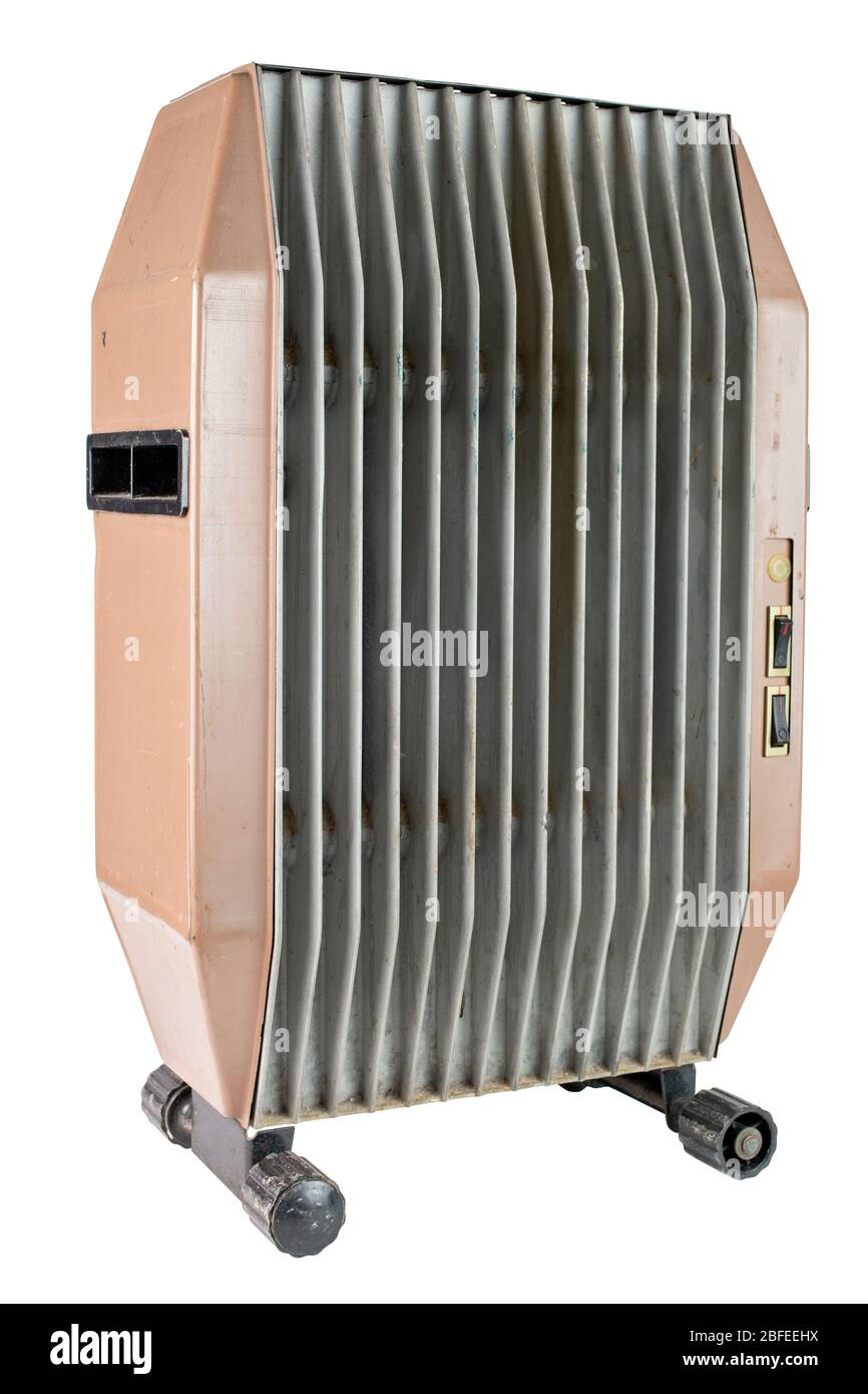 dirty old domestic electrical air heater isolated on white background Stock Photo