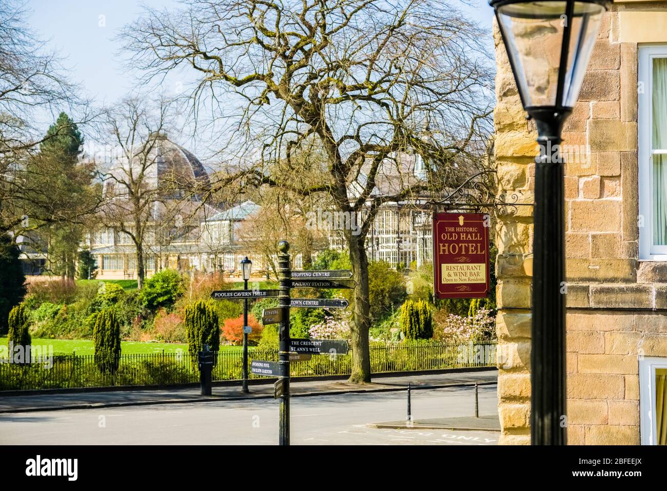 The Old Hall Hotel and The Pavilion Gardens, Buxton, Derbyshire Stock Photo