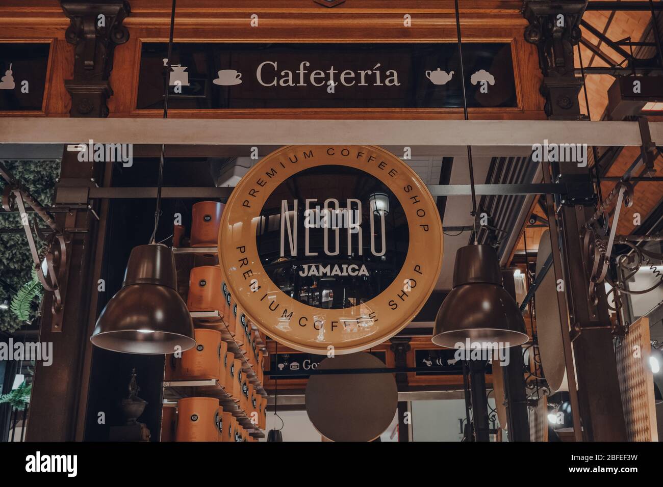 Madrid, Spain - January 26, 2020: Sign at Negro Jamaica Cafeteria in  Mercado de San Miguel (