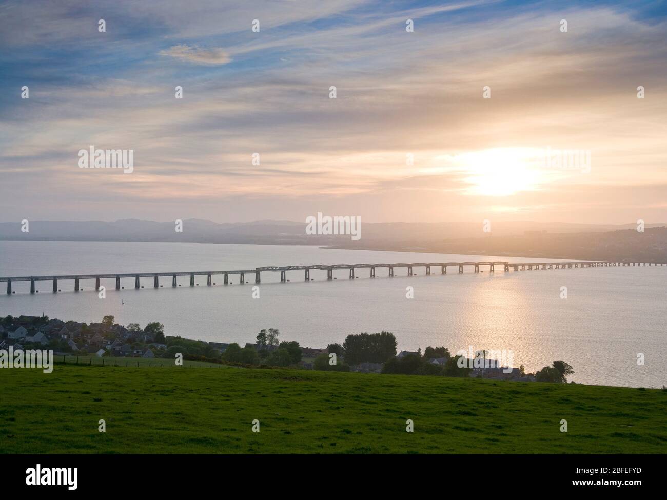 River tay and Tay Rail Bridge at Sunset, Dundee Stock Photo