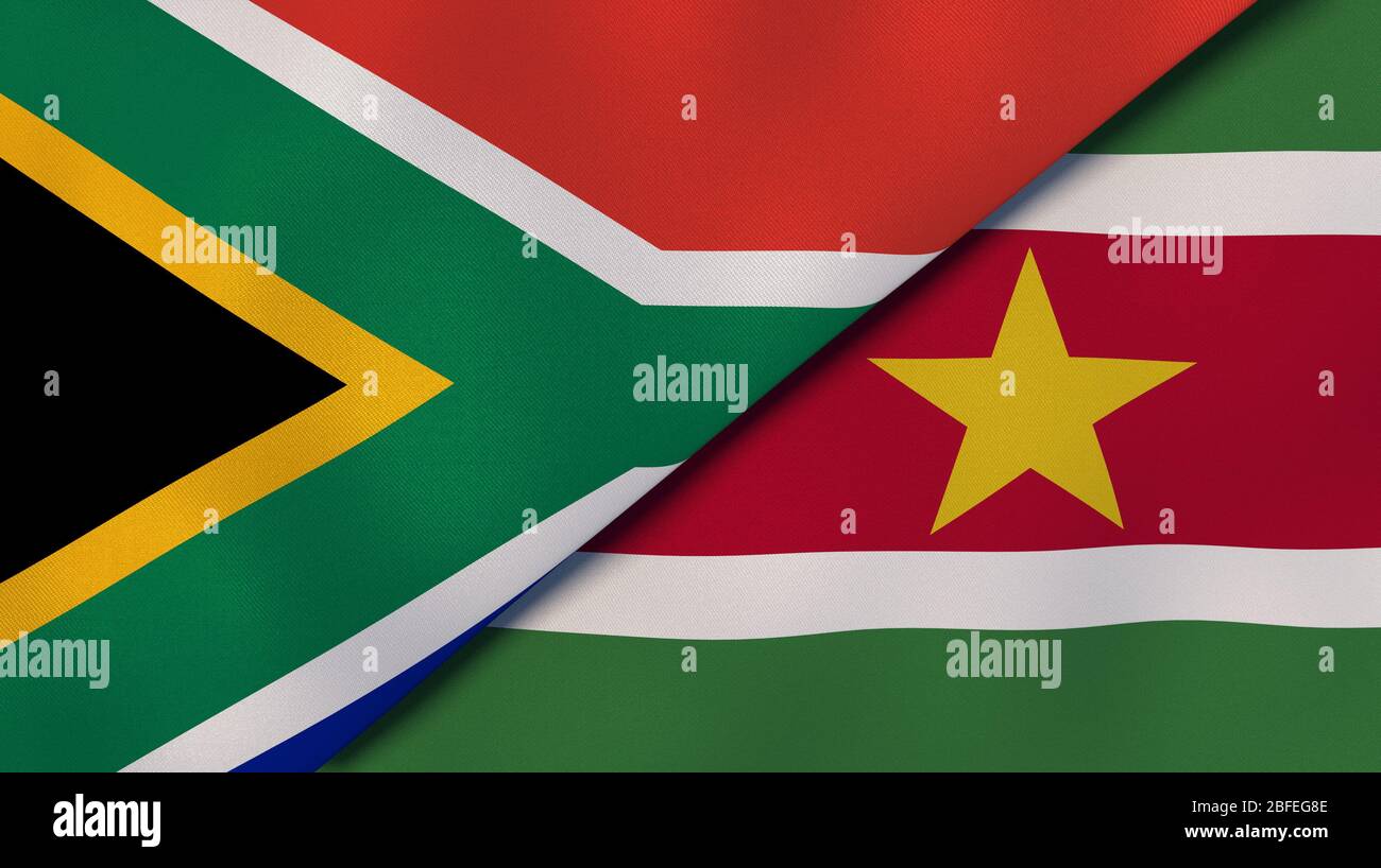 Two states flags of South Africa and Suriname. High quality business background. 3d illustration Stock Photo