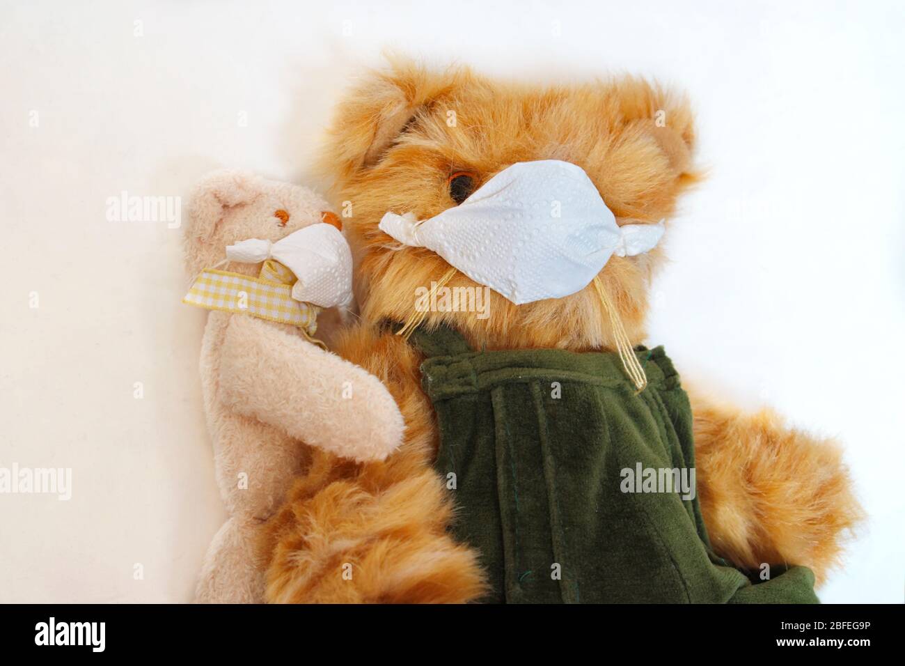 A furry teddy bear wearing a protective face mask is sitting on a chair. He's accompanied by a smaller teddy, also wearing a mask. Stock Photo