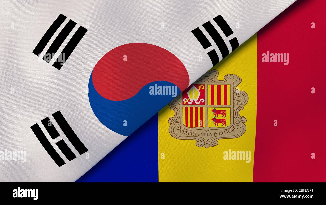 Two states flags of South Korea and Andorra. High quality business background. 3d illustration Stock Photo