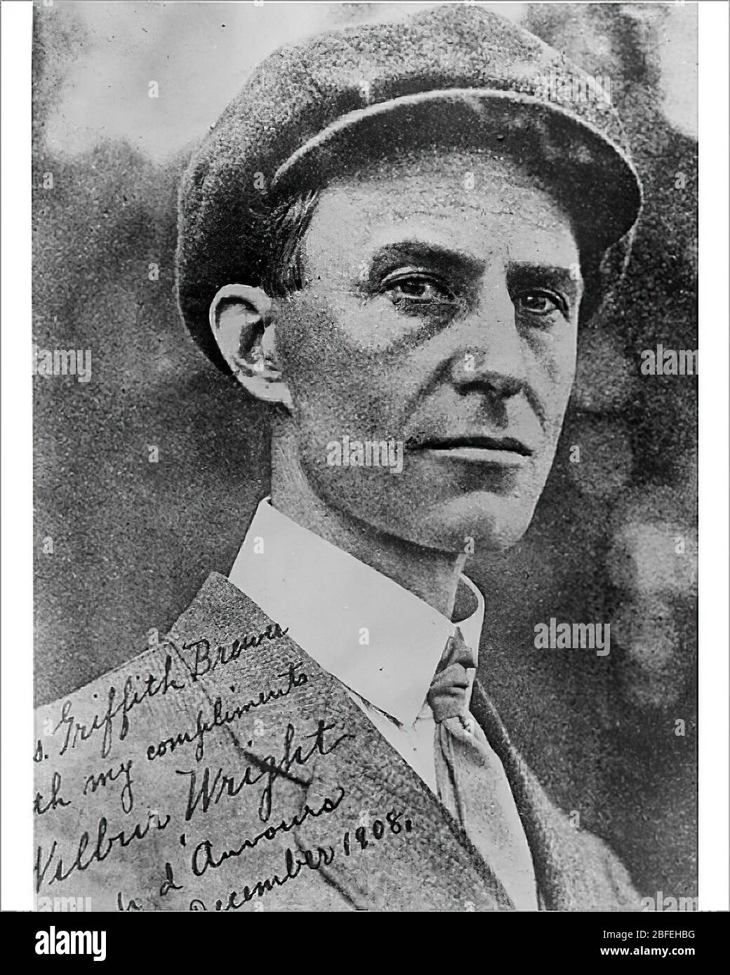 Wilbur Wright in December 1908On December 17, 1903, the Wright Brothers made the very first flight of an airplane at Kitty Hawk, North Carolina with their history-making Flyer. Stock Photo