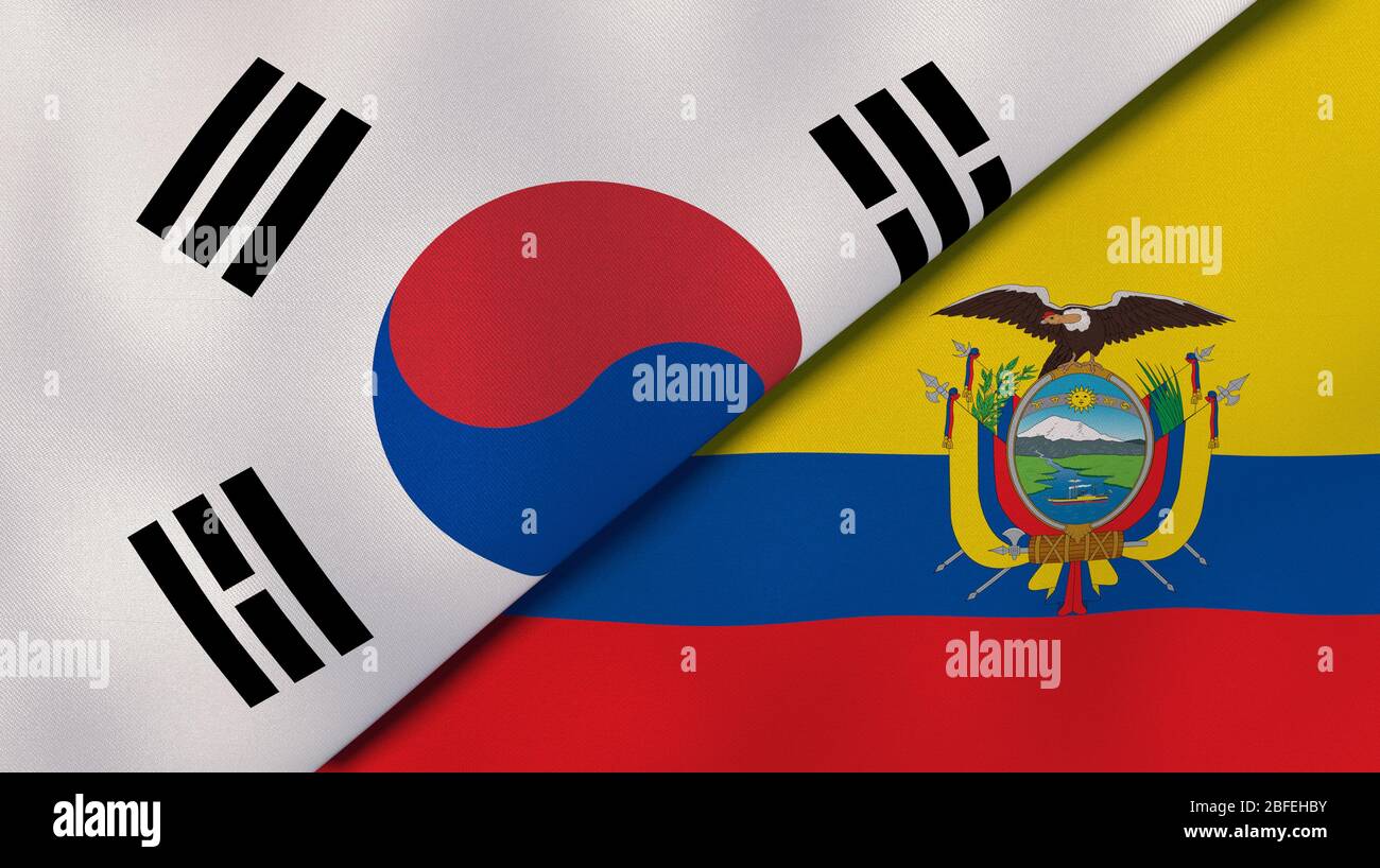 Two states flags of South Korea and Ecuador. High quality business background. 3d illustration Stock Photo