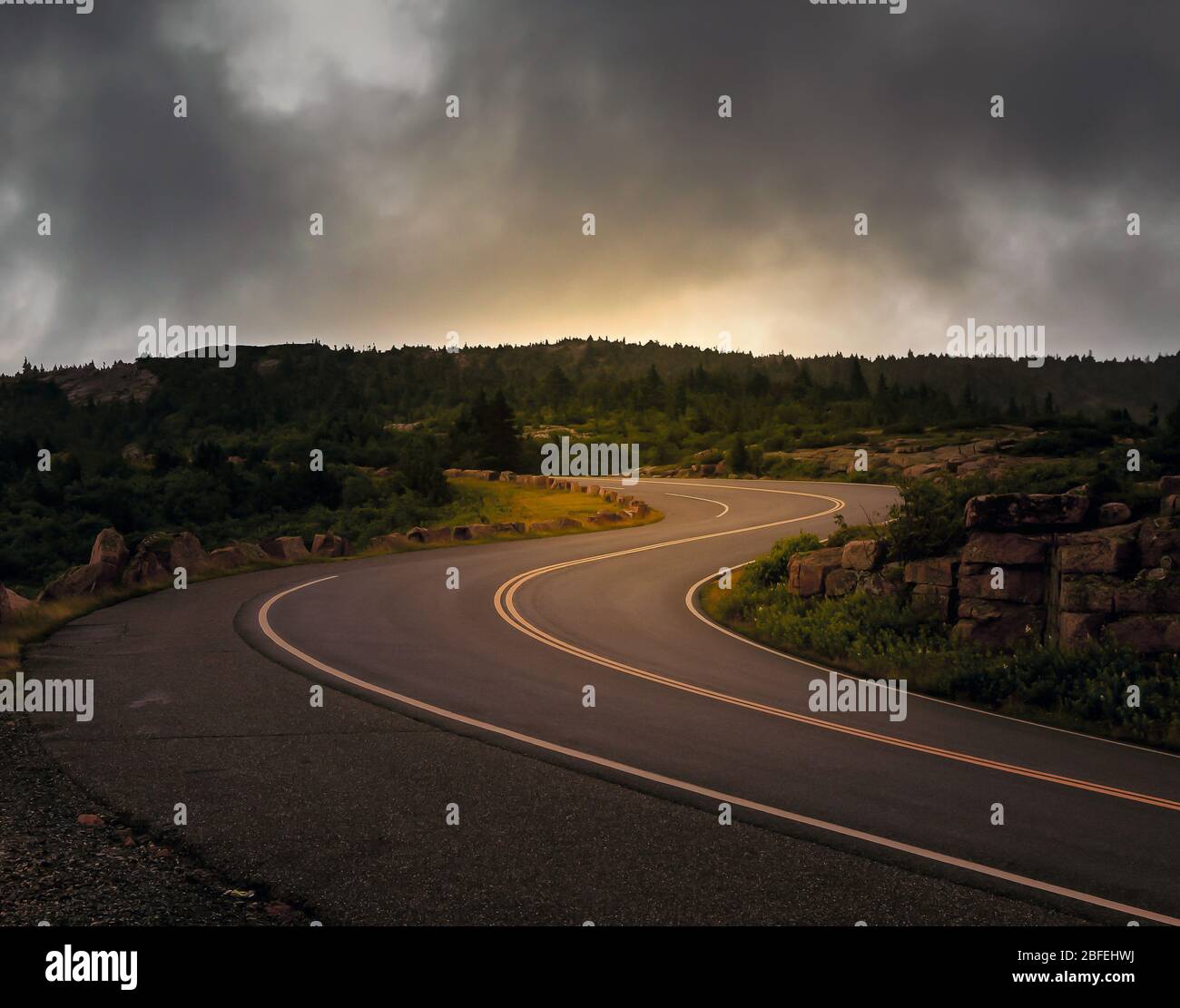 Cadillac Mountain road in Acadia National Park with curved road Stock Photo