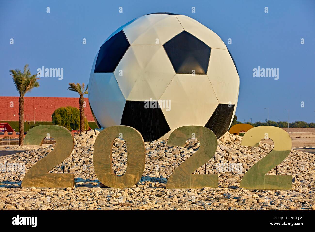 giant soccer football sculpture soccer made for the world cup Qatar Stock Photo