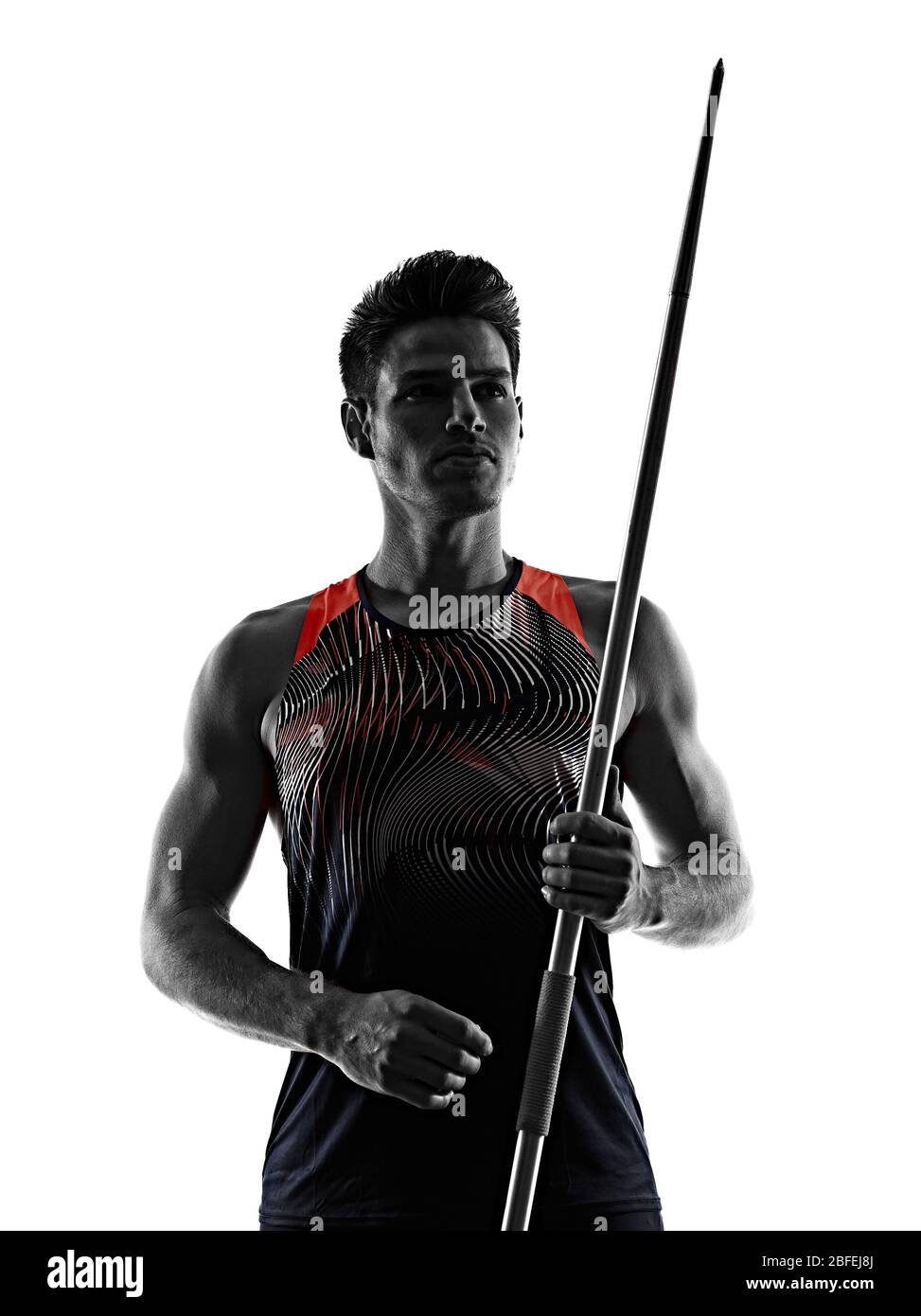 one young caucasian athlete man practicing Javelin  athletics in studio  isolated on white background Stock Photo