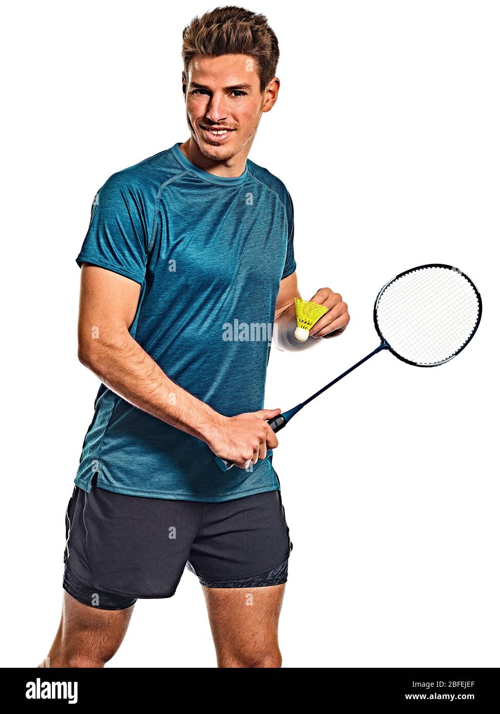 one caucasian youg Badminton player man  in studio  isolated on white background Stock Photo