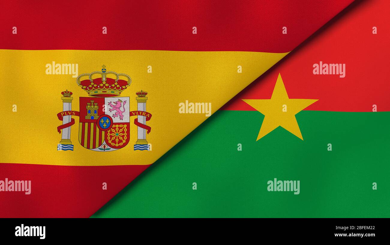 Two states flags of Spain and Burkina Faso. High quality business background. 3d illustration Stock Photo