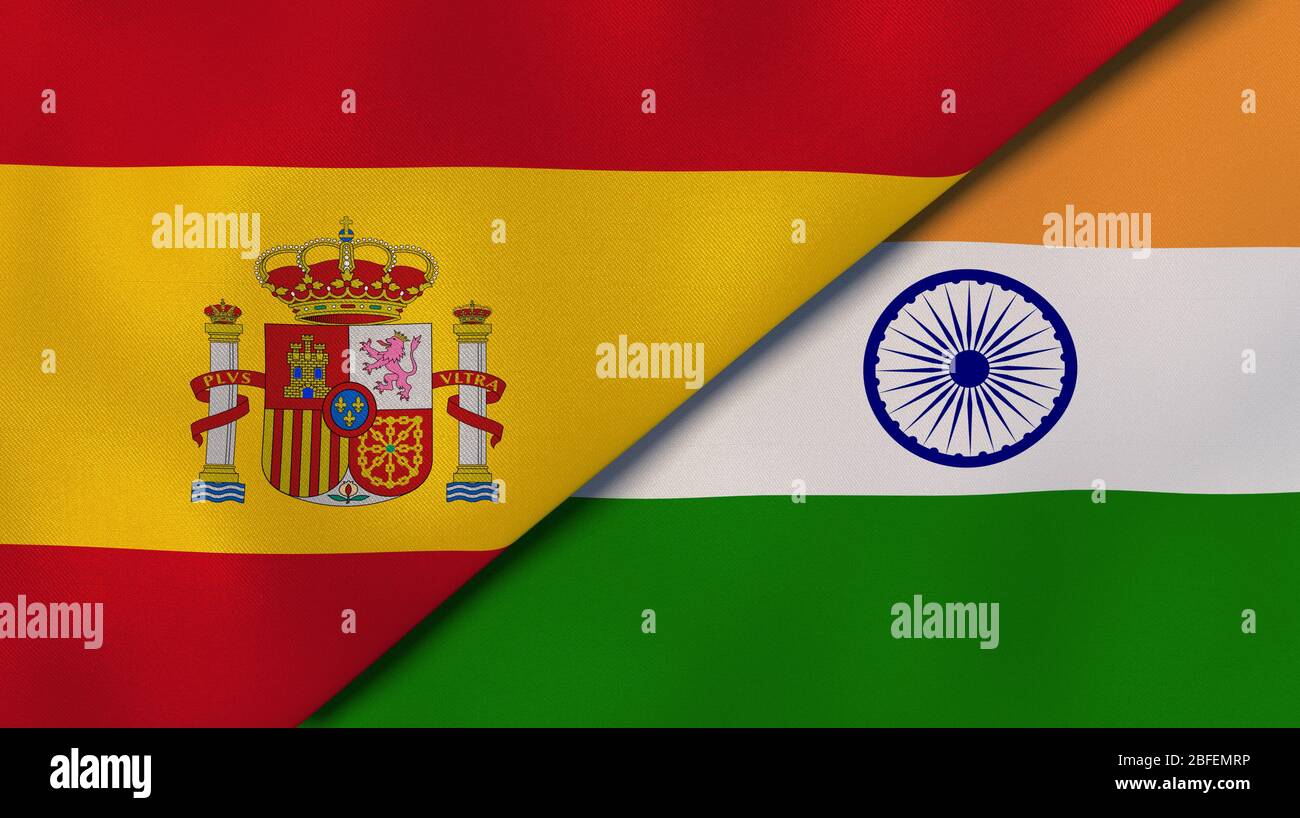Two states flags of Spain and India. High quality business background. 3d illustration Stock