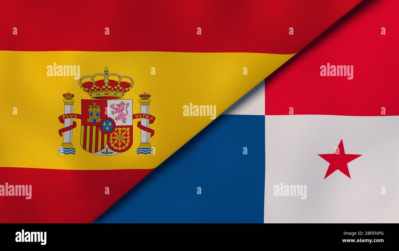 Two states flags of Spain and Panama. High quality business background. 3d illustration Stock Photo