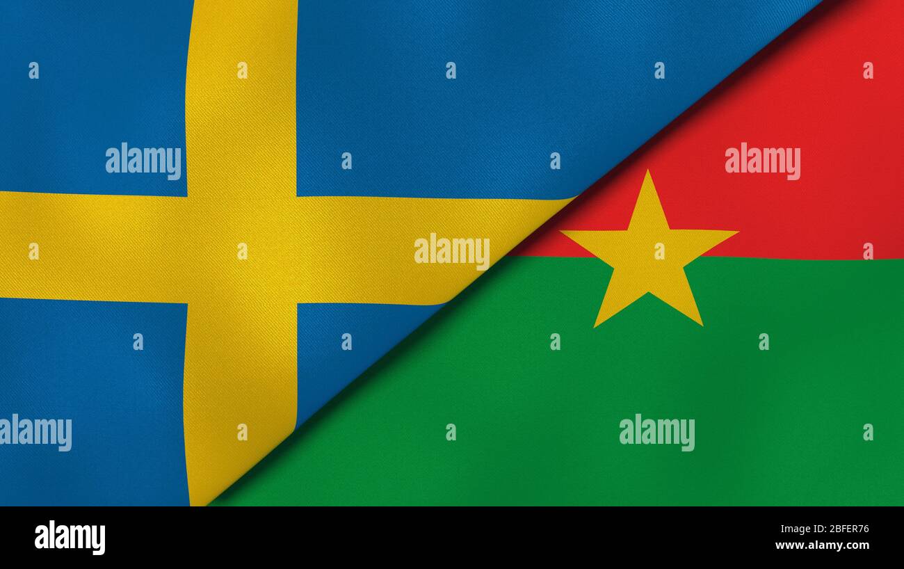 Two states flags of Sweden and Burkina Faso. High quality business background. 3d illustration Stock Photo