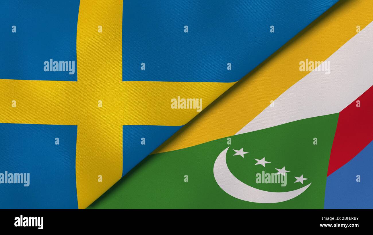 Two states flags of Sweden and Comoros. High quality business background. 3d illustration Stock Photo