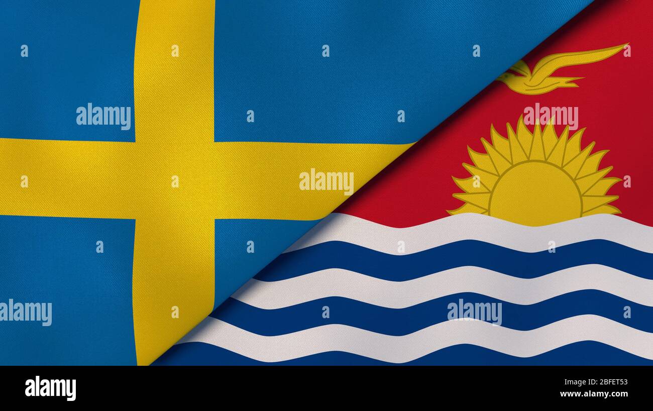 Two states flags of Sweden and Kiribati. High quality business background. 3d illustration Stock Photo
