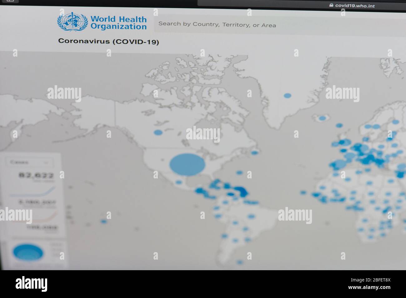 New-York , USA - April 18 , 2020: Map of coronovirus in Who website close up view on laptop screen Stock Photo