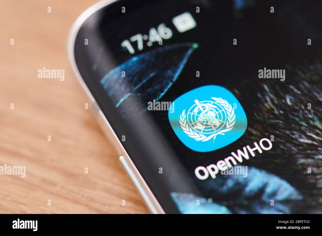 New-York , USA - April 18 , 2020: OpenWho mobile app icon close up view on smartphone screen Stock Photo