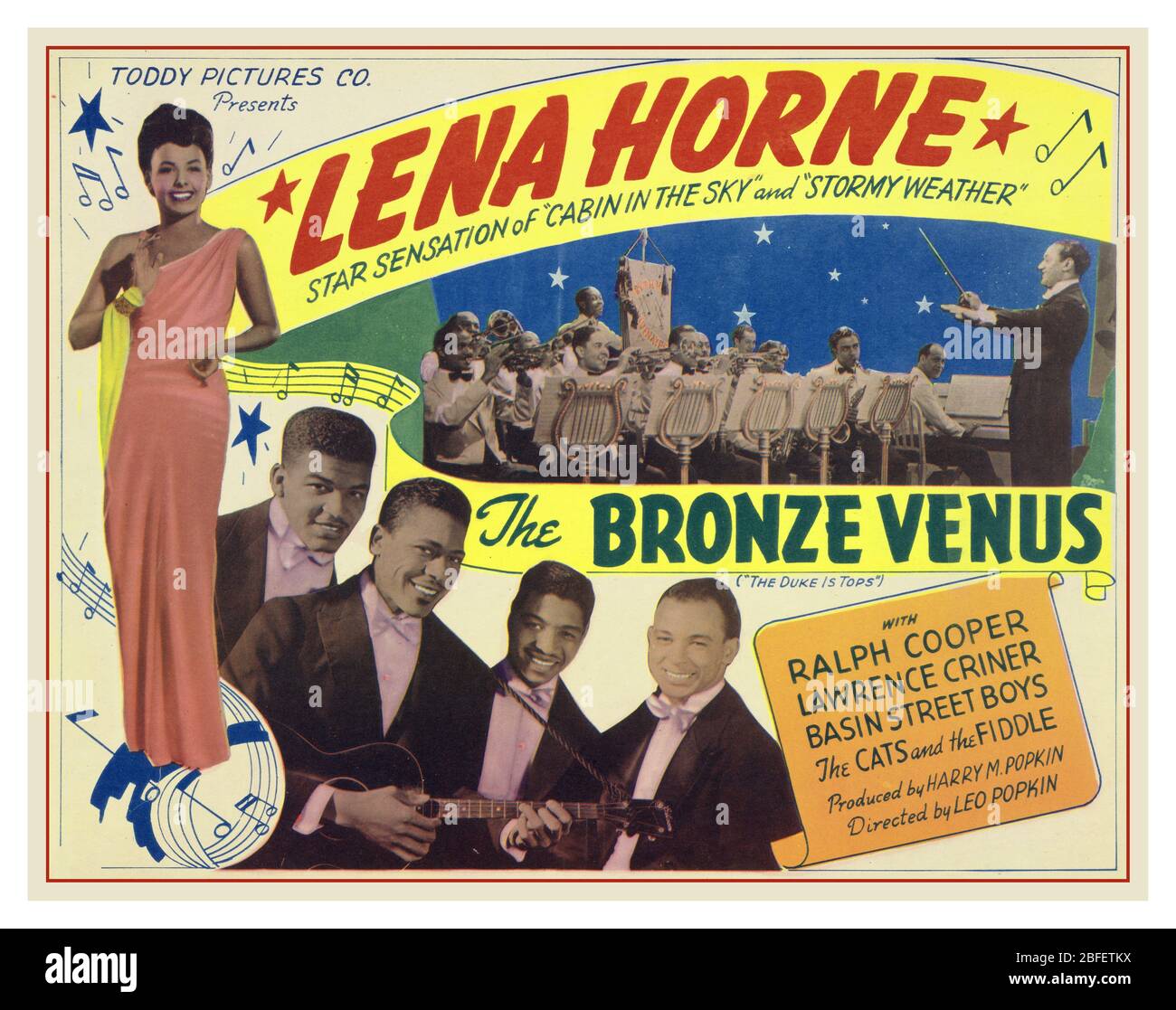 Vintage 1938 Cinema Lobby card promotion for movie film 'The Bronze Venus' starring Lena Horne, American, 1917 - 2010 Director  Ralph Cooper, American, 1908 - 1992 John L. Criner, American, 1898 - 1965 Basin Street Boys, American, founded 1935 The Cats and the Fiddle, American, 1937 - 1951 Harry M. Popkin, American, 1906 - 1991 Leo C. Popkin, Canadian, 1914 - 2011 Million Dollar Productions, American, 1937 - 1940 Toddy Pictures Co. Stock Photo