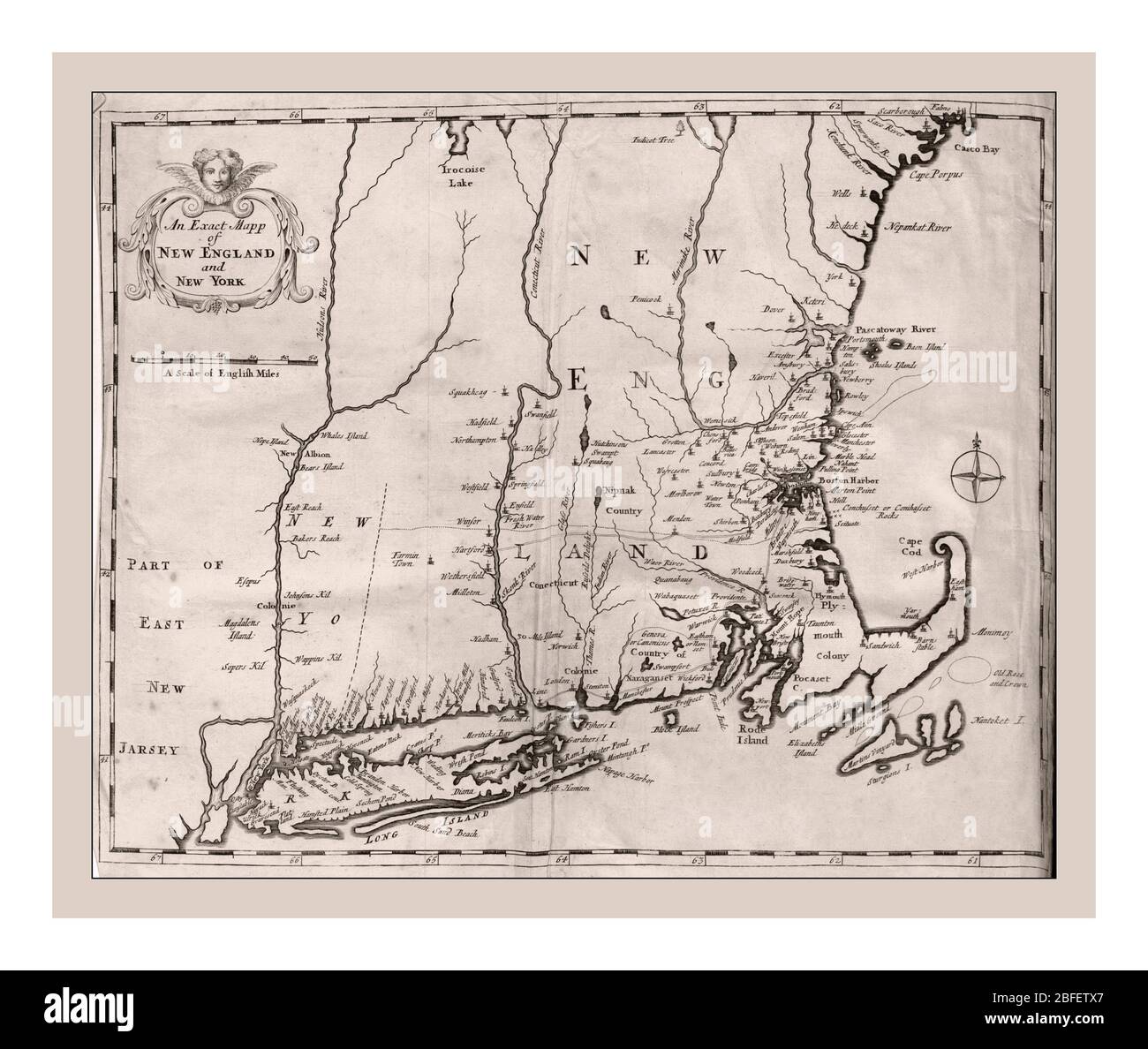 Vintage 1702 America USA  Map of eastern seaboard -New England and New York of the USA titled 'An Exact Mapp of New England and New York.' artwork by Cotton Mather (American minister and author, 1663-1728) 1702 New England --History --Colonial period, ca. 1600-1775.  Printed for Thomas Parkhurst  London 1702. Stock Photo