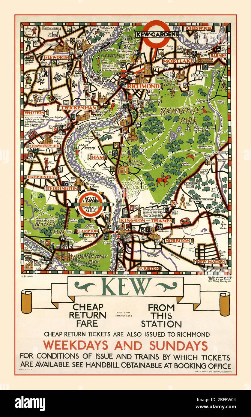Vintage 1900s poster 1900s 'Kew' Gardens area London rail underground network ticket details map illustration, produced by Herry Perry of Vincent Brooks lithographers 1929 Stock Photo