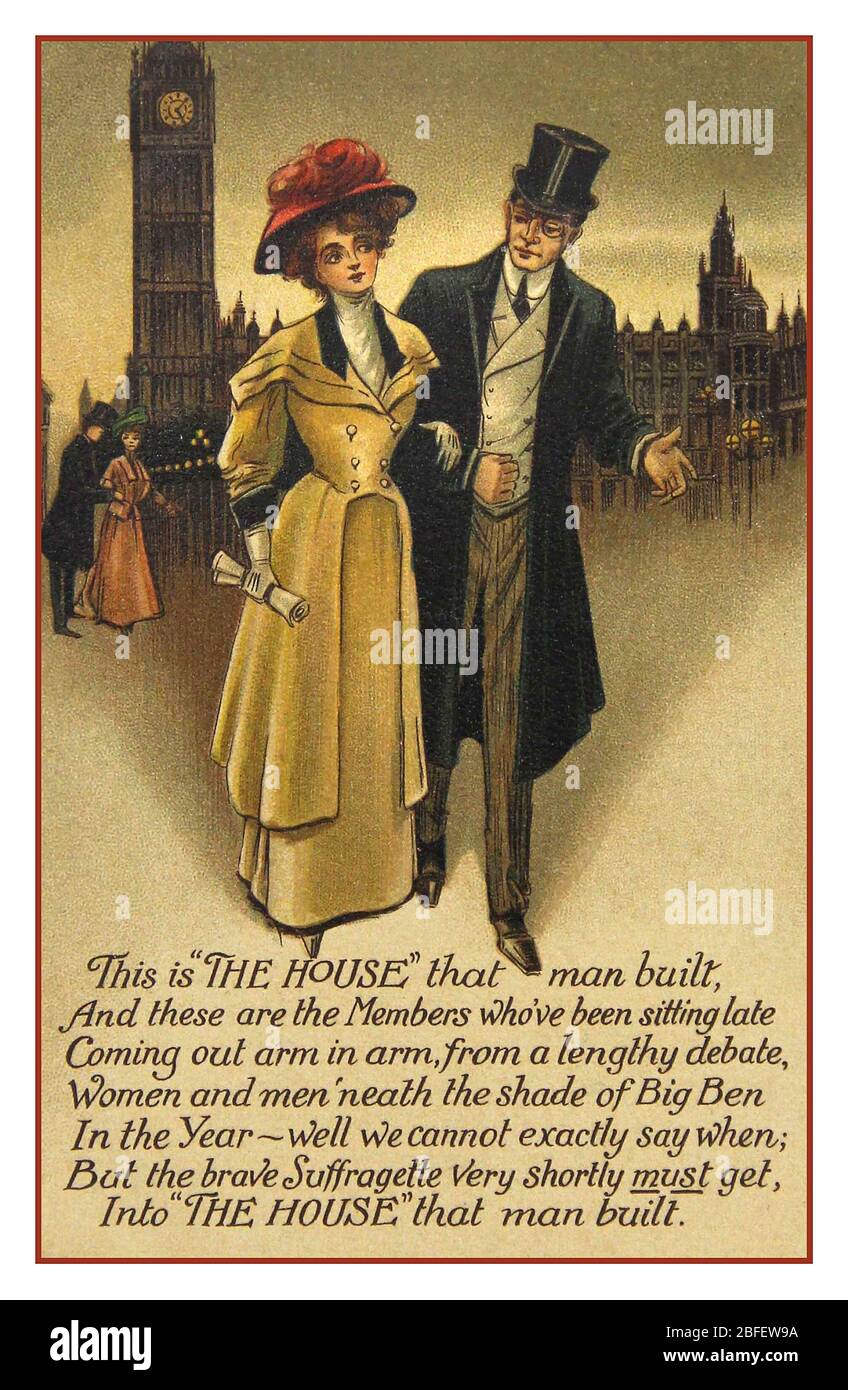 Vintage 1900s poster supporting suffragettes to be able to enter The Houses of Parliament London UK A suffragette was a member of militant women's organisations in the early 20th century who, under the banner 'Votes for Women', fought for the right to vote in public elections, known as women's suffrage. Stock Photo